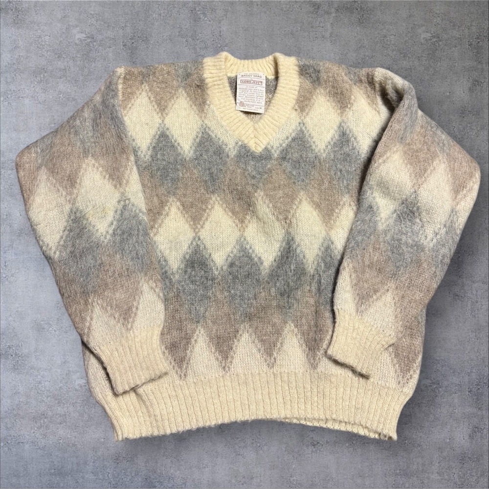Vintage BAGGY SHAG by LORD JEFF Argyle knit Men's Medium Pure Wool Cobain Hiking
